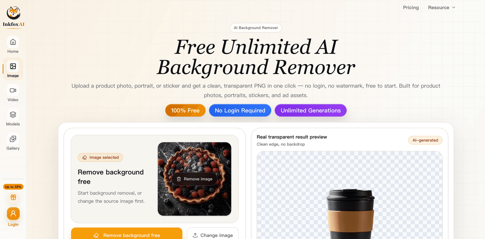 A product photo selected in the Inkfox AI background remover with the Remove background free button ready