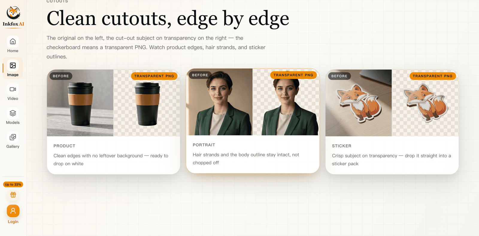 Before and after cutout examples in Inkfox AI showing a product, a portrait, and a sticker on transparent checkerboard backgrounds