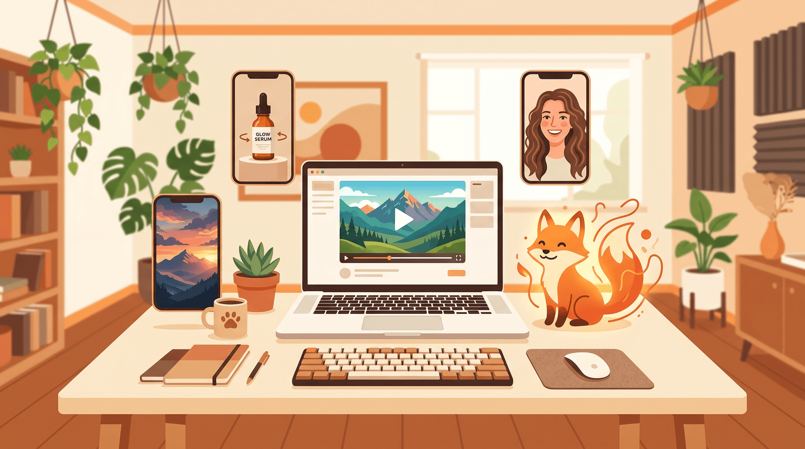 A creative video studio illustration showing a laptop with a video preview and floating phone screens, each playing a different short clip