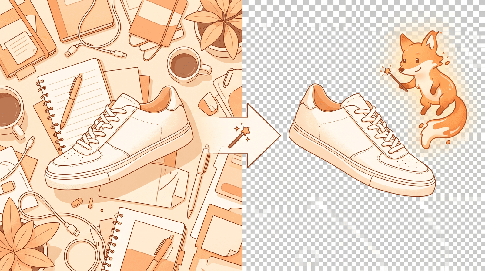 A sneaker on a cluttered desk on the left, and the same sneaker as a clean cutout on a transparent checkerboard on the right