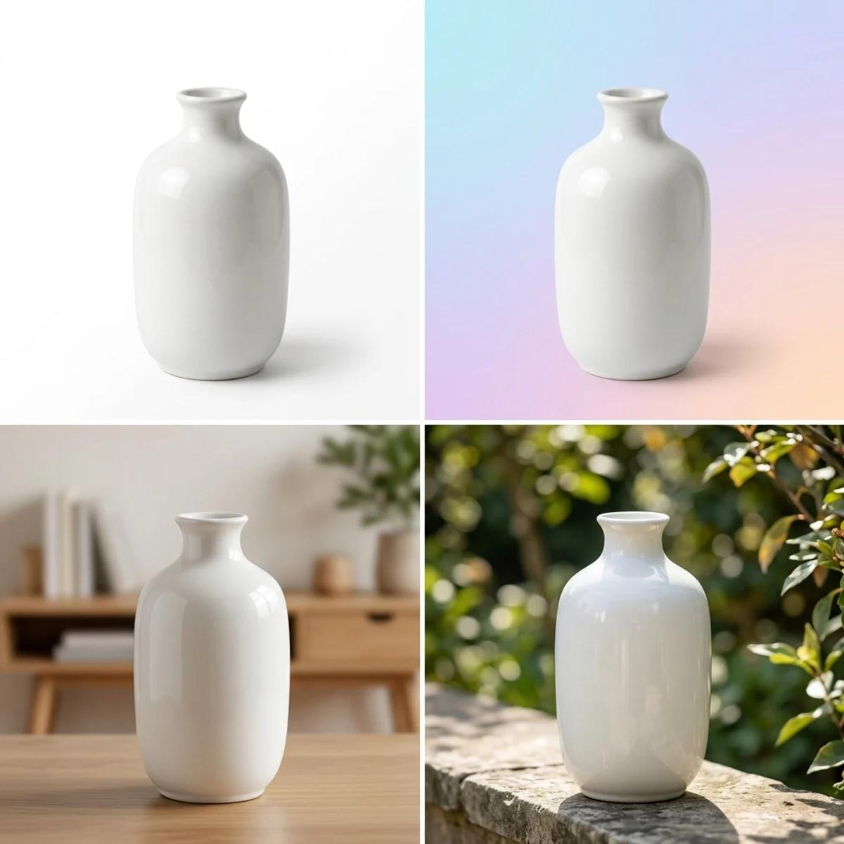 The same vase shown on four backgrounds: plain white, a soft gradient, an interior scene, and an outdoor setting