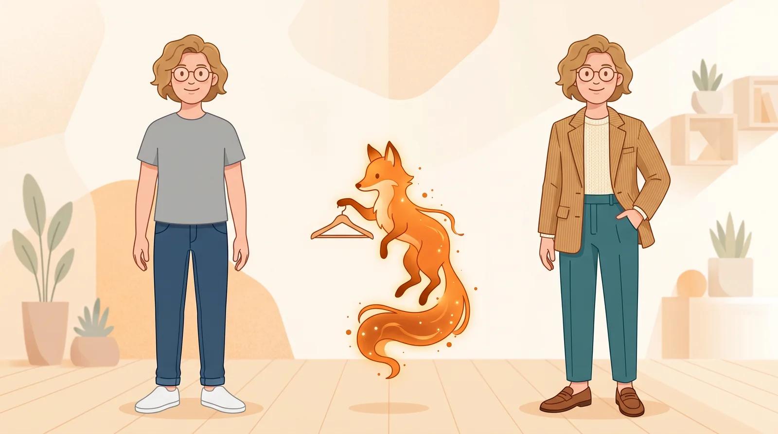 On the left, a person in plain everyday clothes; on the right, the same person in a coordinated outfit with the face and body unchanged