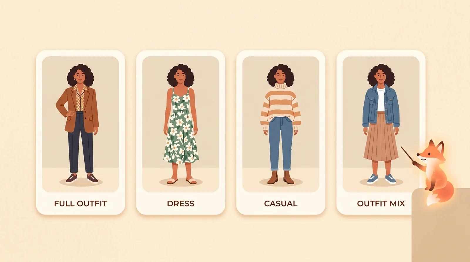 A row showing the same person in a full outfit, a dress, a casual look, and an outfit mix