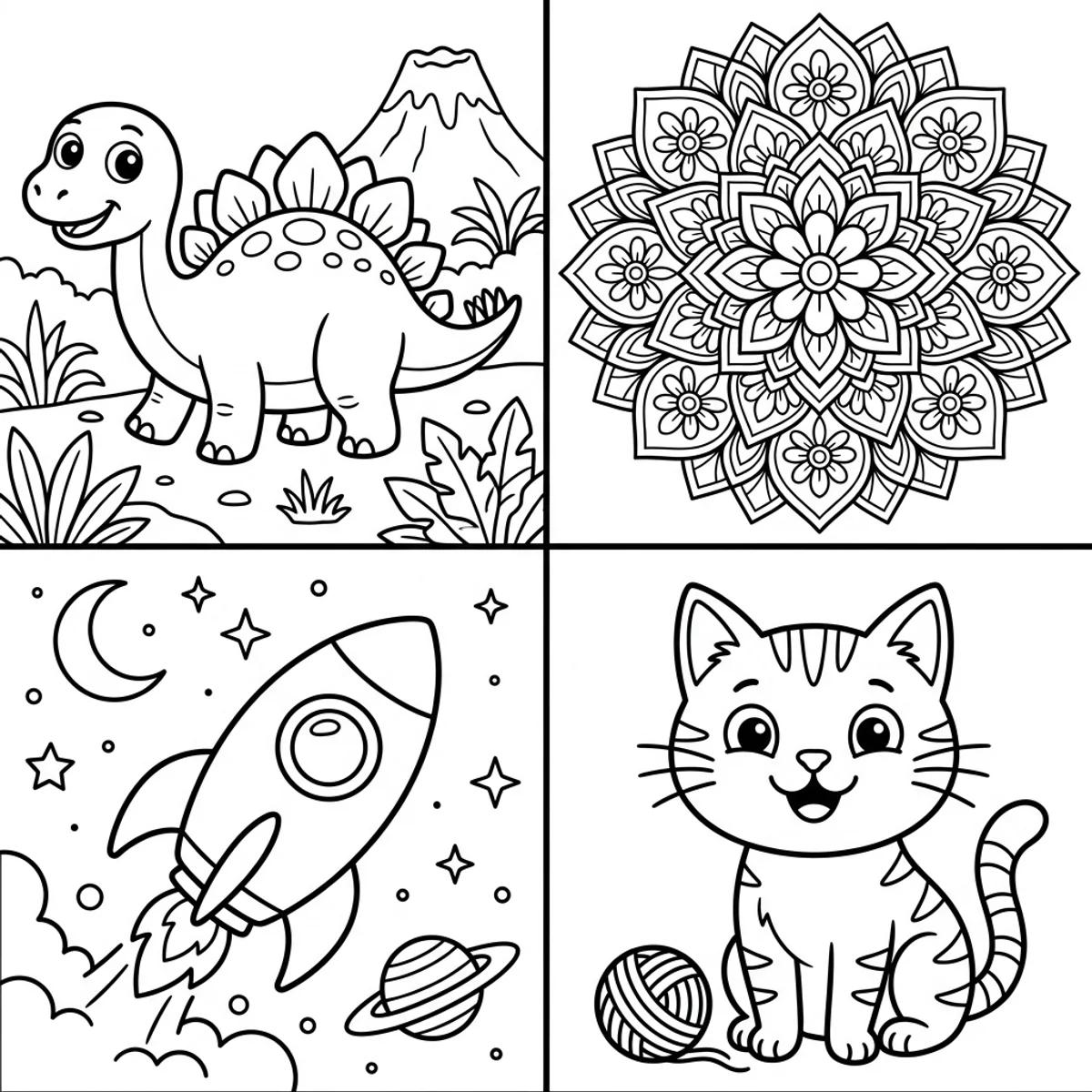 A grid of four coloring-page line-art designs: a dinosaur, a flower mandala, a rocket, and a cat