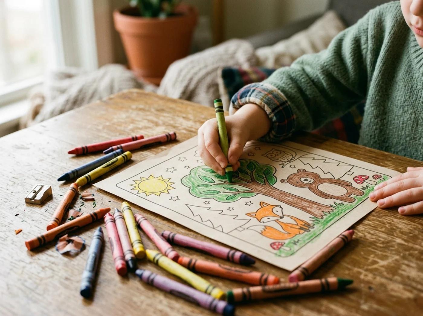 A child coloring a freshly printed page with crayons