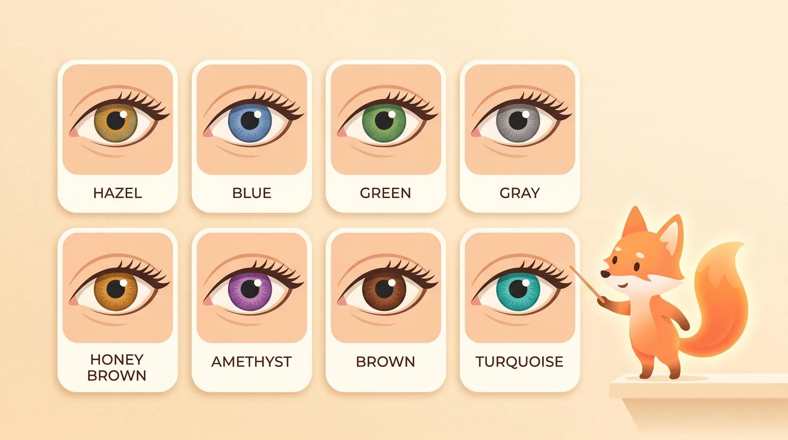 A grid showing the same eyes previewed in hazel, blue, green, gray, honey brown, amethyst, brown, and turquoise lenses