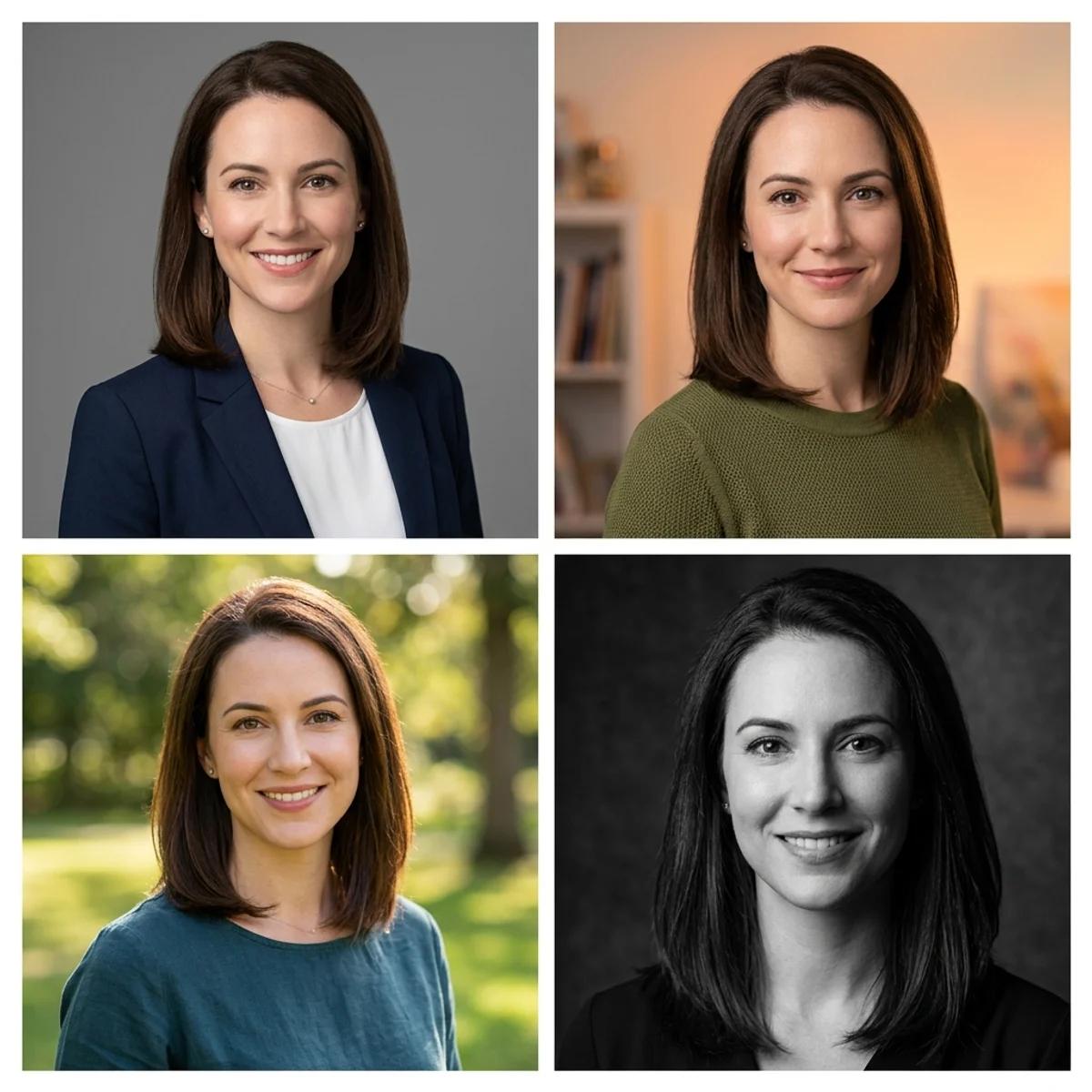 A 2x2 grid showing the same person rendered in four headshot styles: corporate, creative, outdoor, and black-and-white studio