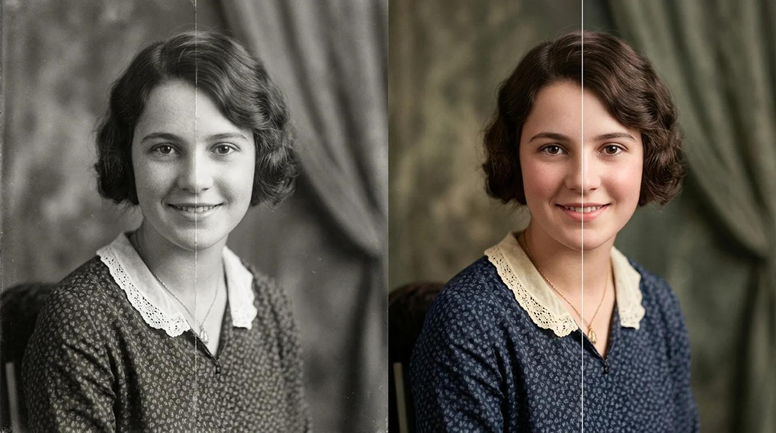 A black-and-white portrait on the left and the same portrait naturally colorized on the right