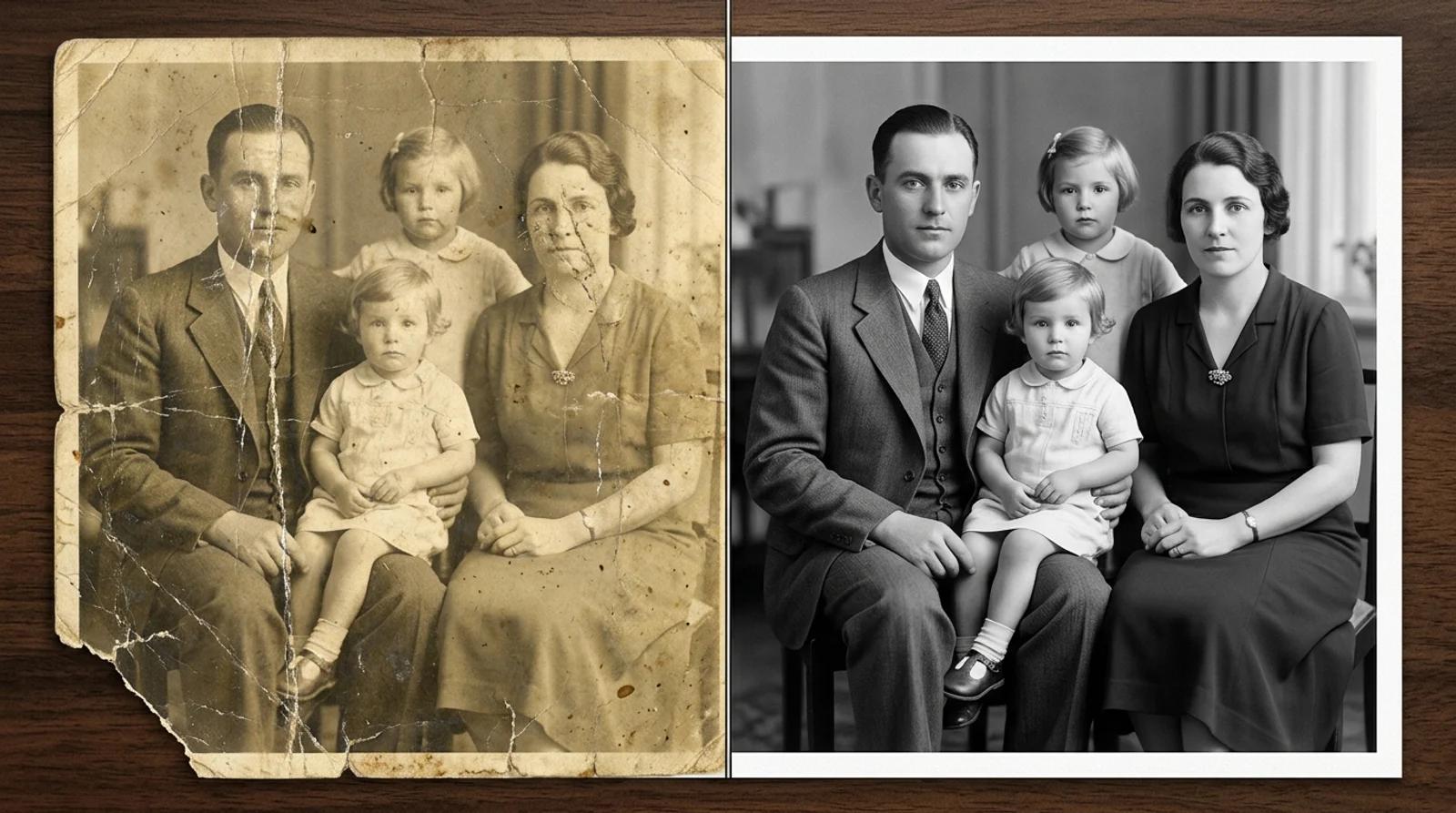 A damaged, faded, scratched vintage portrait on the left and the same portrait fully restored with natural color on the right