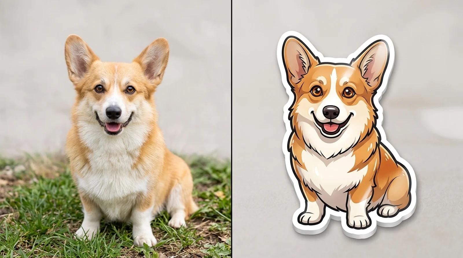 A corgi photo on the left, the same dog as a glossy die-cut sticker with a white border on the right