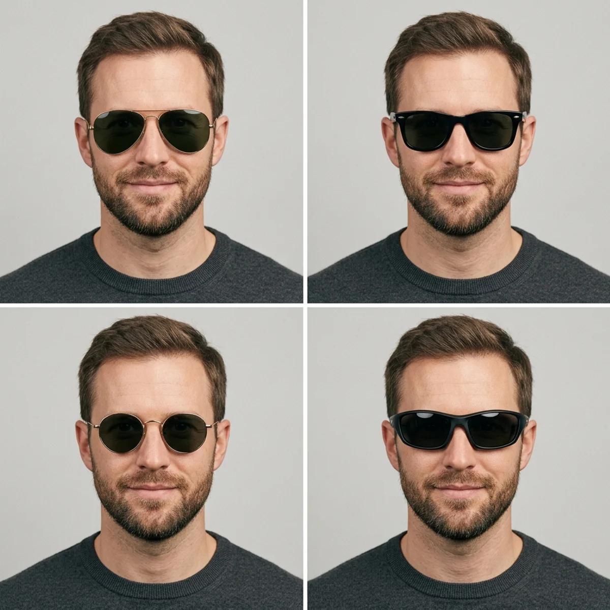 A grid showing the same man trying on aviator, wayfarer, round, and sporty sunglasses on the same selfie