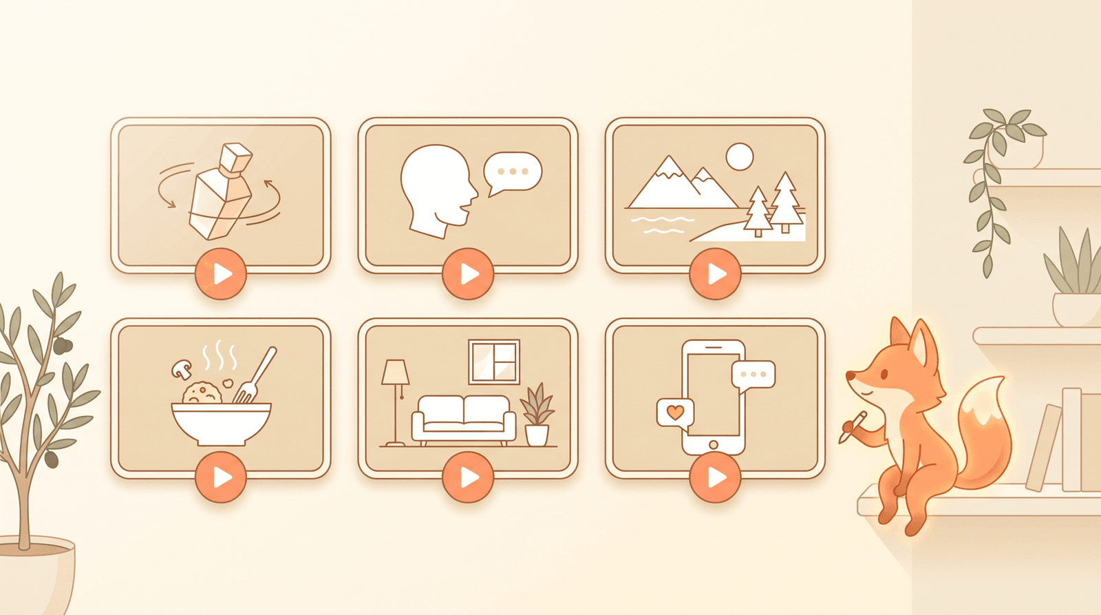 A grid of six small video screens showing different use cases: product, portrait, travel, food, real estate, and a social story