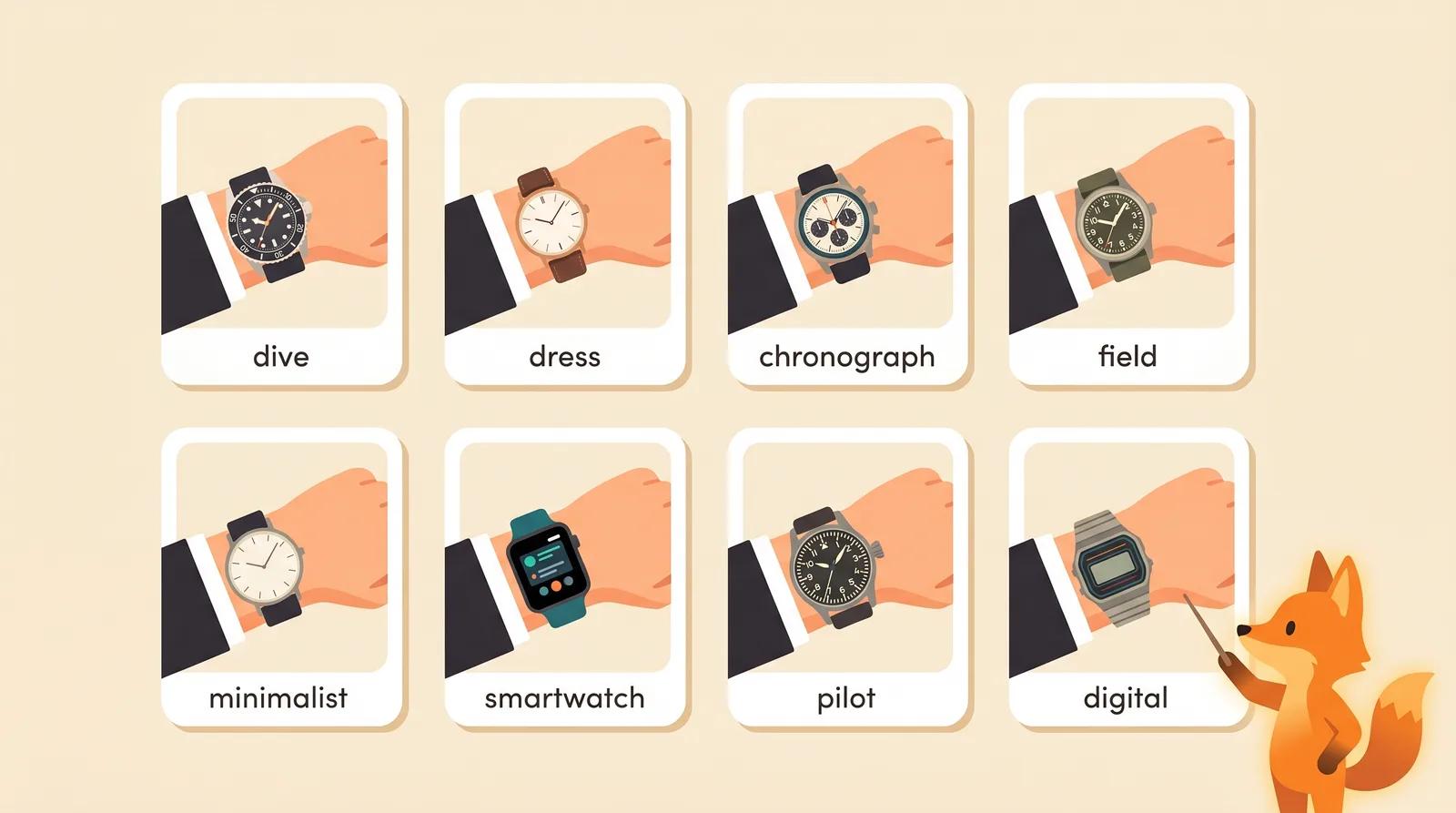 A grid showing the same wrist trying on dive, dress, chronograph, field, minimalist, smartwatch, pilot, and digital watches