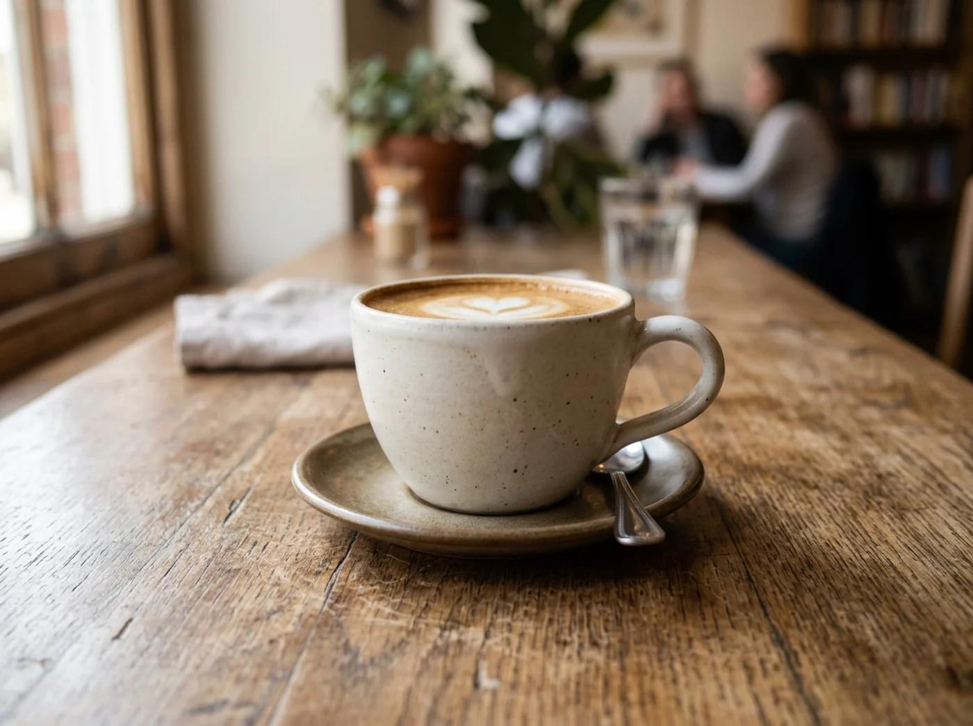 The same coffee cup photo, now clean with no watermark and the surface fully reconstructed