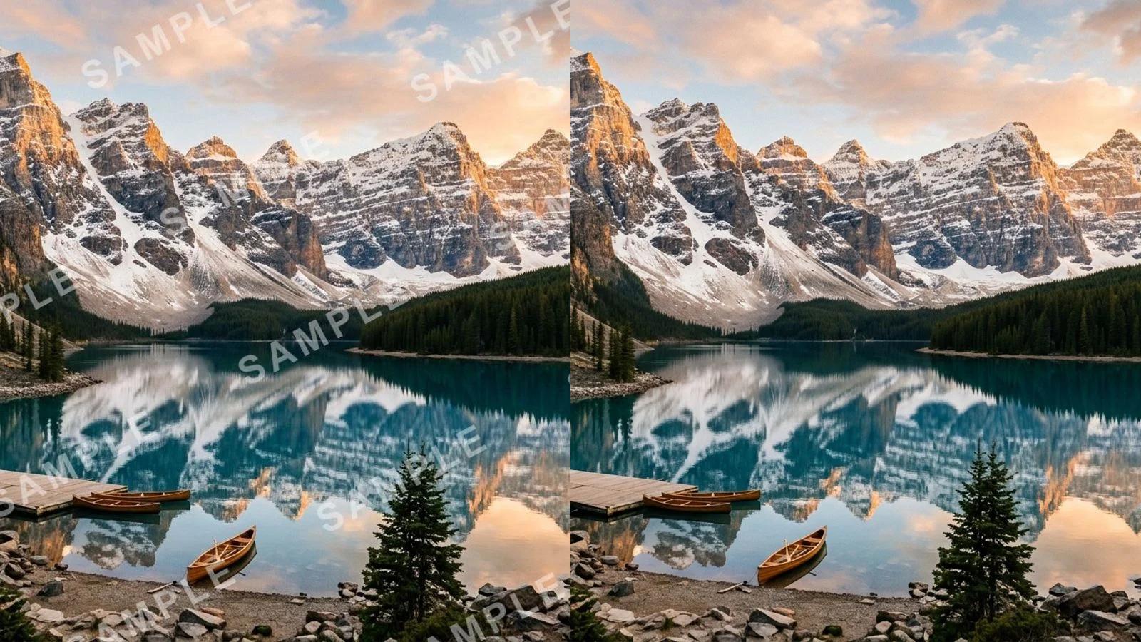 On the left, a photo covered by a faint repeating diagonal watermark; on the right, the same photo clean with the watermark removed