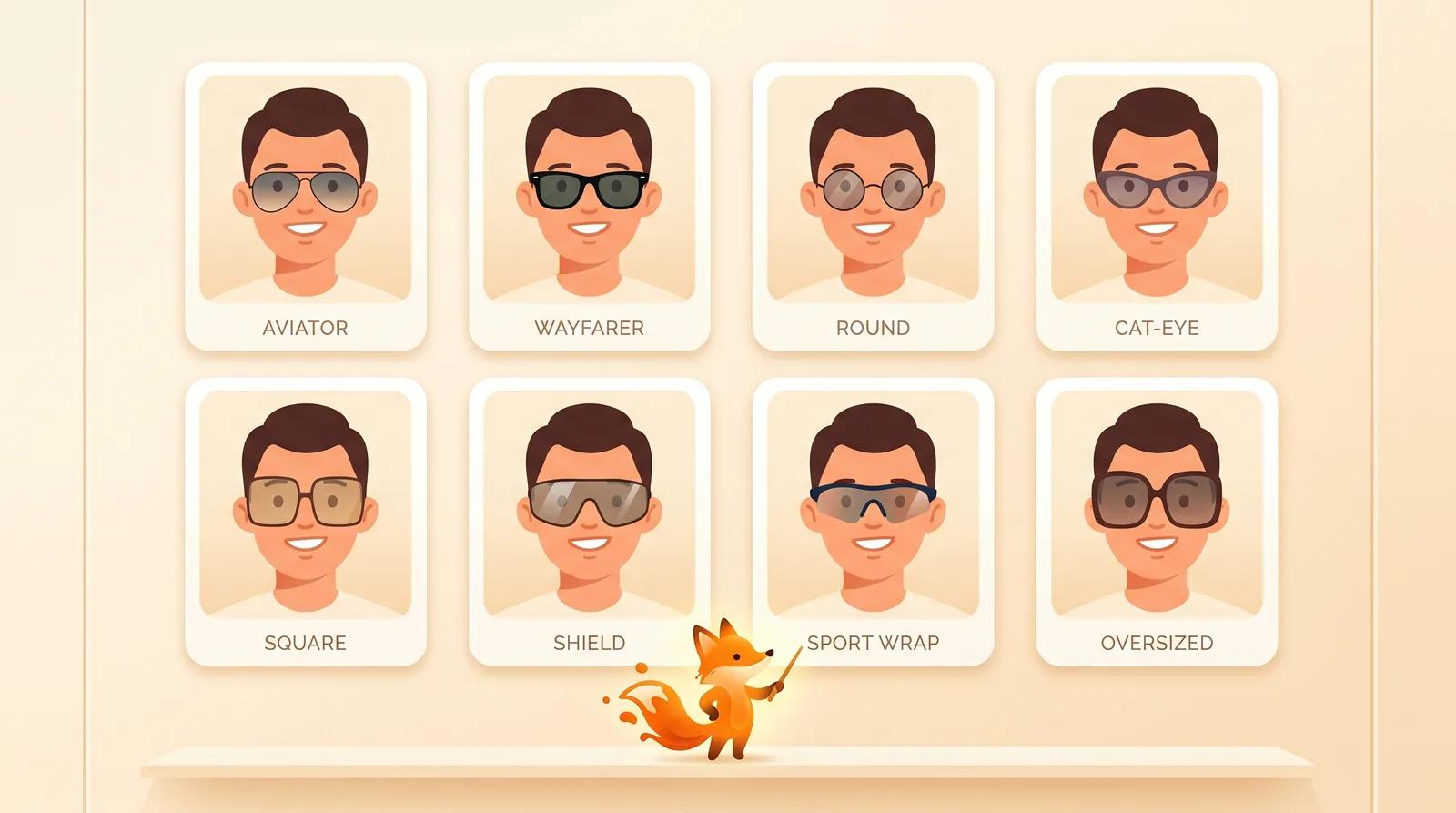 A grid of the same face wearing all eight sunglasses styles, each labeled