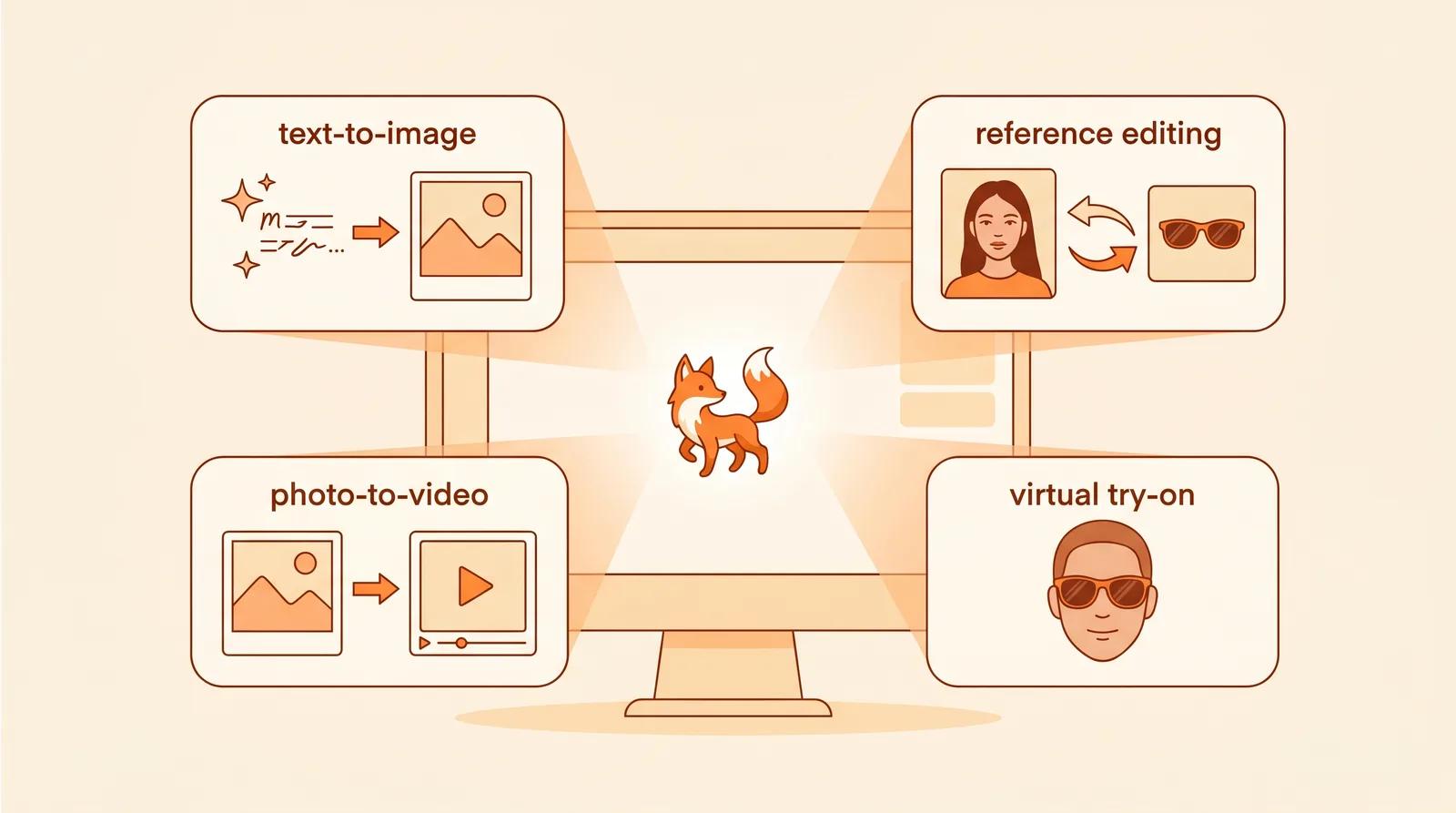 A central workspace surrounded by four panels: text-to-image, reference editing, photo-to-video, and virtual try-on