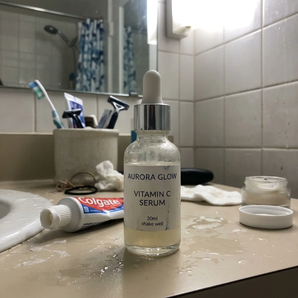 Serum bottle on a messy counter