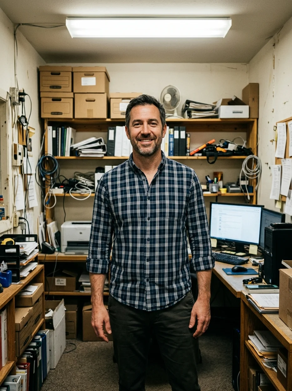 Man in a cluttered office