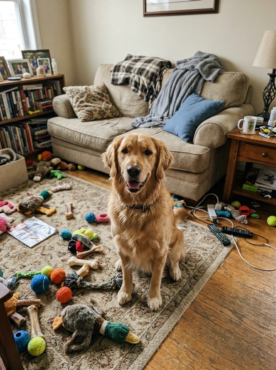 Dog on a messy living-room floor