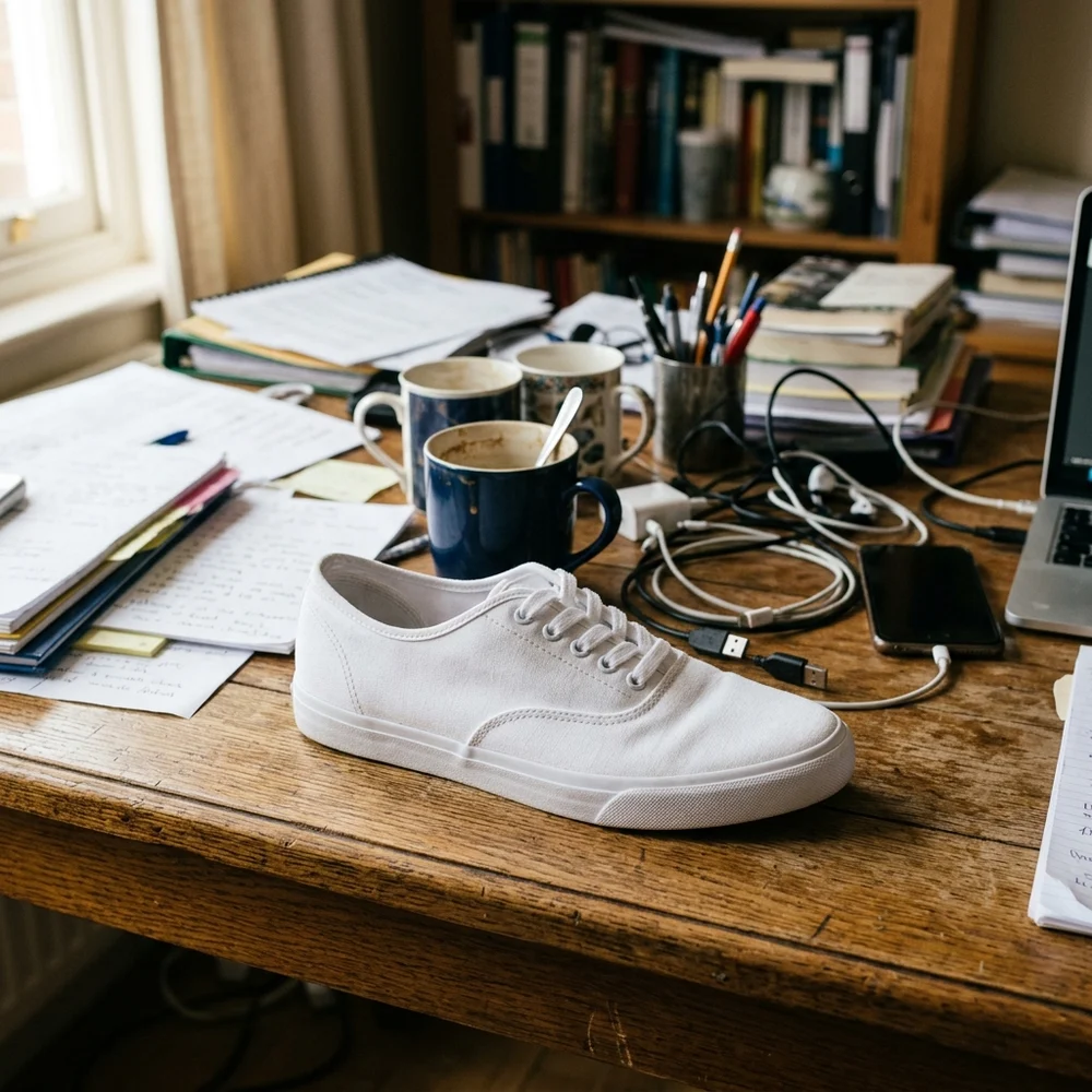 Product on a cluttered desk