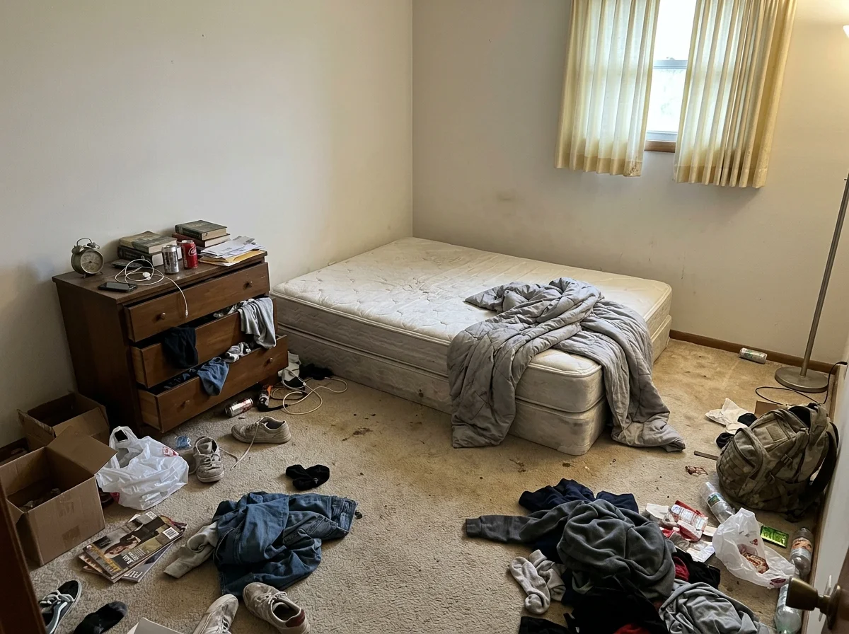A messy plain bedroom