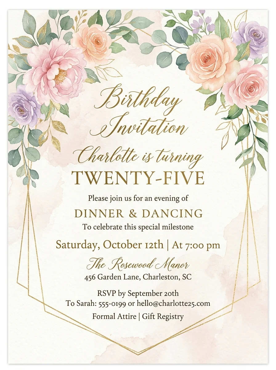 Floral chic birthday invitation example