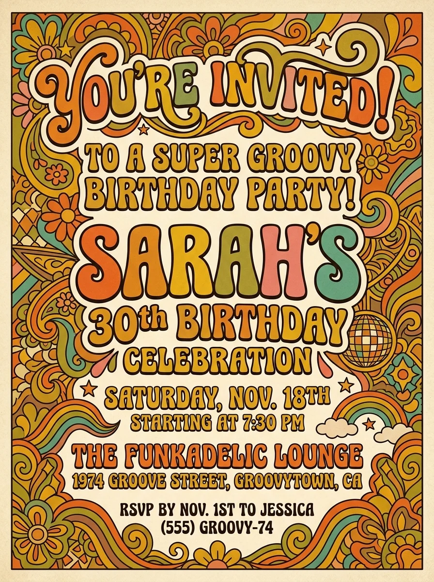 Retro 70s birthday invitation example