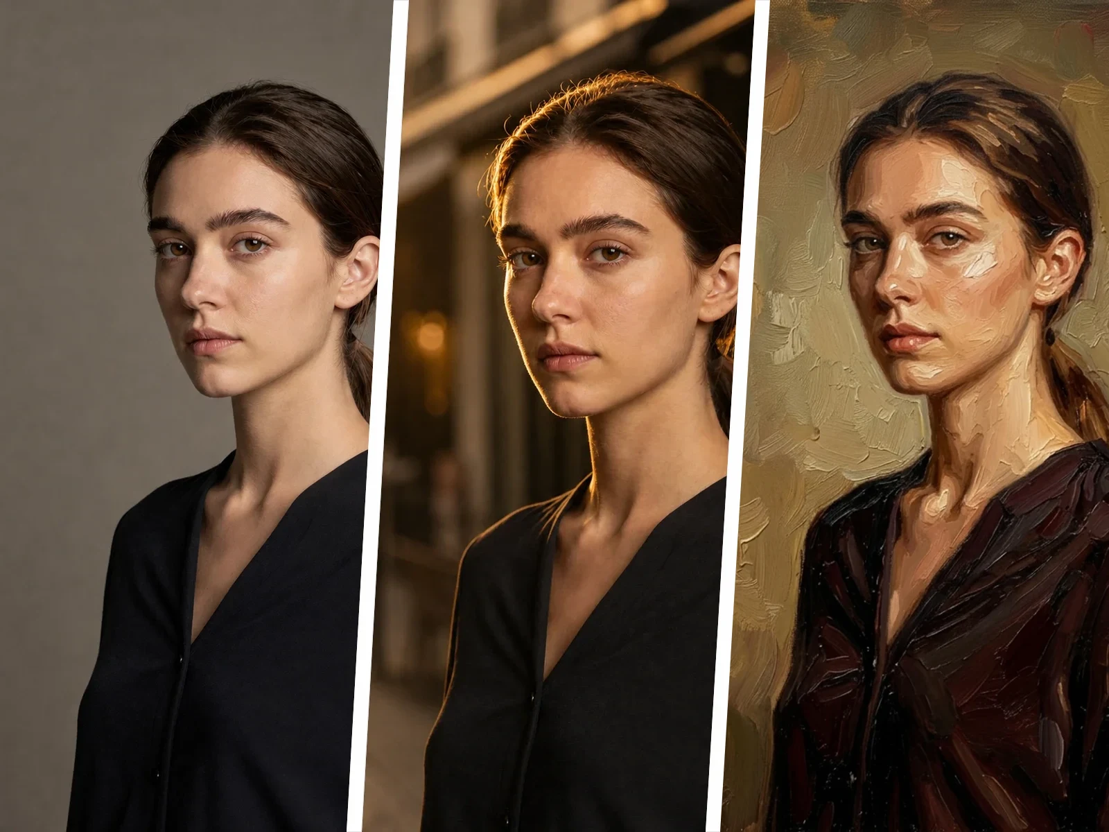 Same portrait restyled across three looks