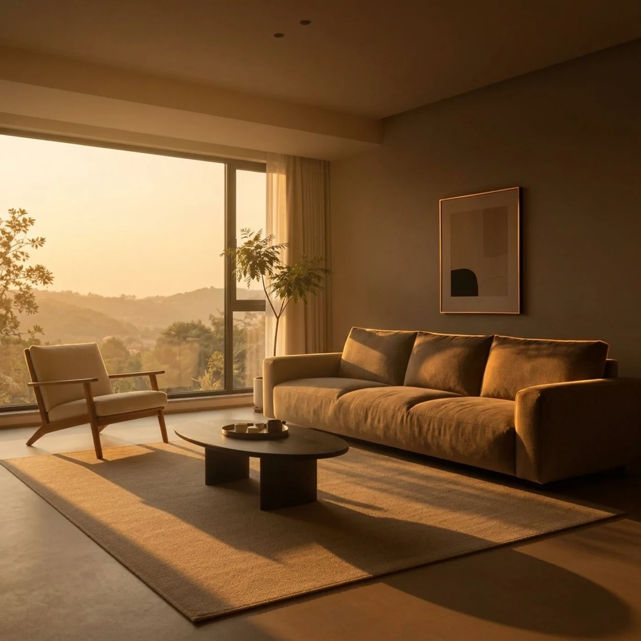 Same interior under warm sunset light
