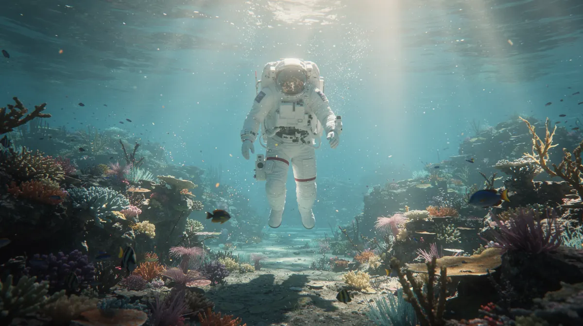 Astronaut floating above coral reef