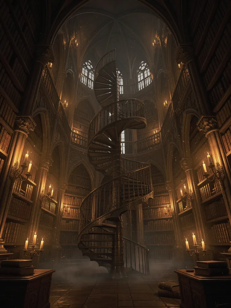 Gothic library with spiral staircases