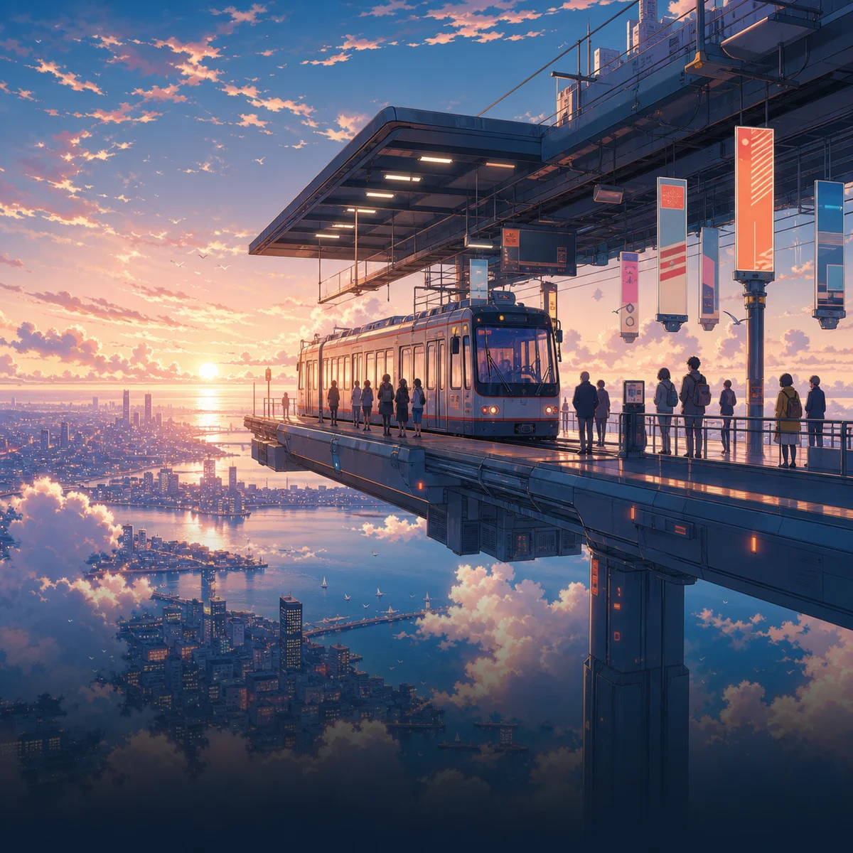 Anime floating tram station above coastal city