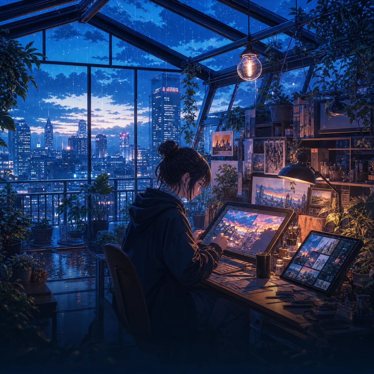 Anime rooftop greenhouse studio